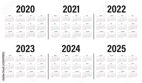 Calendar from 2020 to 2025 years template. Calendar mockup design in black and white colors, holidays in red colors, week starts on sunday