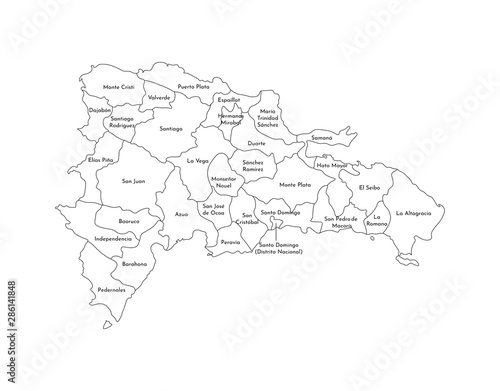 Vector isolated illustration of simplified administrative map of Dominican Republic. Borders and names of the provinces. Black line silhouettes