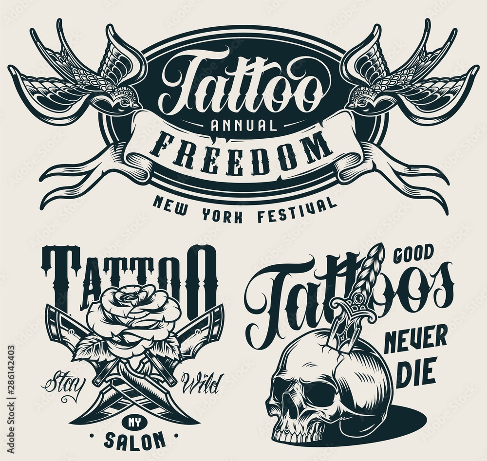 Plakat Monochromatyczne nadruki Vintage salon tatuażu