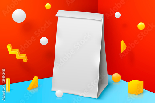 Vector 3d realistic corner wall abstract scene with paper bag, text and border, podium, red, white and yellow balls and objects.