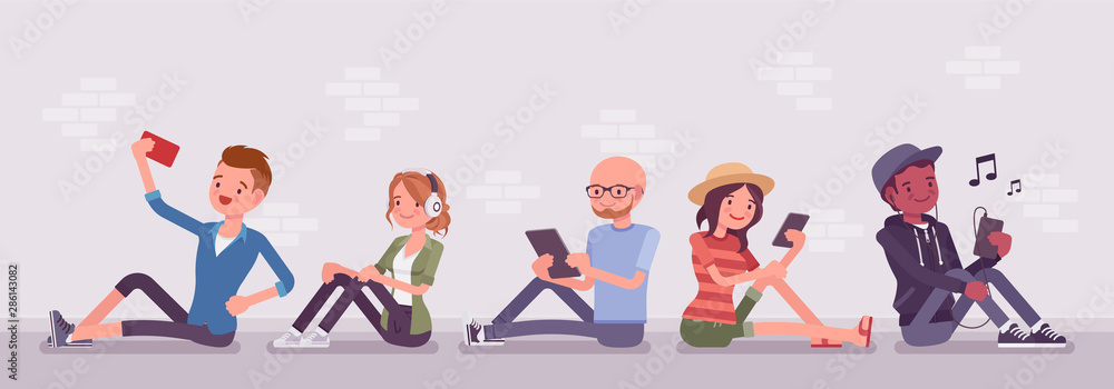 Fototapeta premium Young people with gadgets. Diverse group sitting using smartphone, tablet for messaging services, email, video calls and social networking apps, taking selfie. Vector flat style cartoon illustration