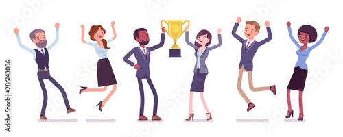Winner team with business trophy. Happy employees winning on training and coaching competition, corporate championship victory. Vector flat style cartoon illustration isolated on white background