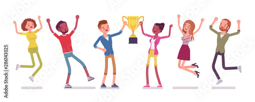 Winner teenager team with trophy. Happy teens celebrating mutual victory, sport or science event achievement, jumping with joy. Vector flat style cartoon illustration isolated on white background