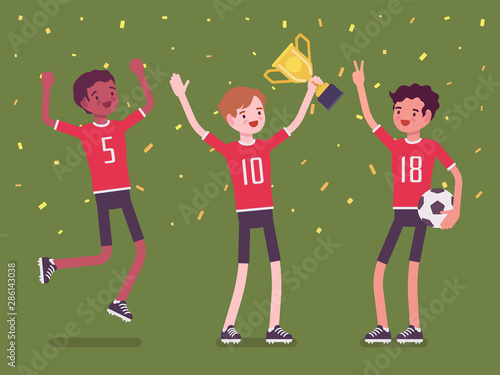 Football winner team with trophy. Young happy male athletes in uniform celebrating victory, group of players holding first prize after successful sport match. Vector flat style cartoon illustration