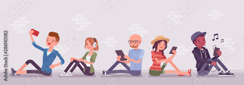 Young people with gadgets. Diverse group sitting using smartphone, tablet for messaging services, email, video calls and social networking apps, taking selfie. Vector flat style cartoon illustration