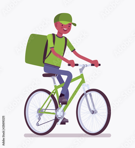 Bicycle delivery black boy. Courier service worker on bike delivers food, order, parcel to customer, online ordering city shipping. Vector flat style cartoon illustration isolated, white background