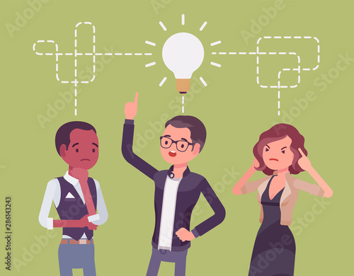 Brainstorming startup business team. Young people in a process for generating new ideas, develop creative solutions to project problem, intensive discussion. Vector flat style cartoon illustration