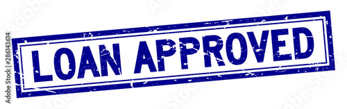 Grunge blue loan approved square rubber seal stamp on white background
