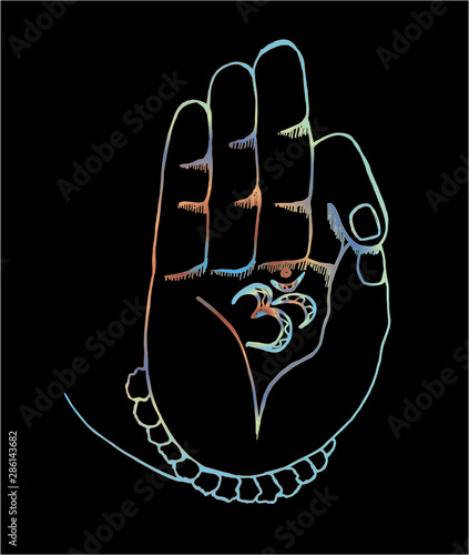 The arm of the shiva with ohm. Color illustration of hands and rudraksh
