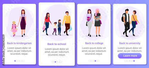 Education, first of september onboarding mobile app screen template. Back to school, college, kindergarten, university. Website steps with flat characters. UX, UI, GUI smartphone cartoon interface