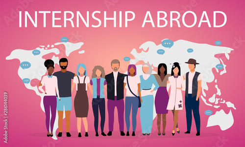 Internship abroad poster vector template. Students exchange program. Brochure, cover, booklet page concept with flat illustrations. International friendship. Advertising flyer, leaflet, banner layout