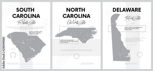 Vector posters with highly detailed silhouettes of maps of the states of America  Division South Atlantic - South Carolina  North Carolina  Delaware - set 9 of 17