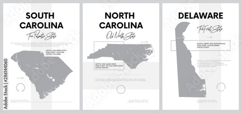 Vector posters with highly detailed silhouettes of maps of the states of America, Division South Atlantic - South Carolina, North Carolina, Delaware - set 9 of 17