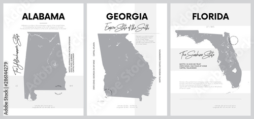 Vector posters with highly detailed silhouettes of maps of the states of America, Division South Atlantic and East South Central - Alabama, Georgia, Florida - set 10 of 17