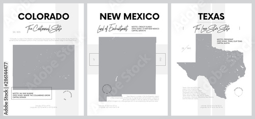 Vector posters with highly detailed silhouettes of maps of the states of America, Division Mountain and West South Central - Colorado, New Mexico, Texas - set 13 of 17