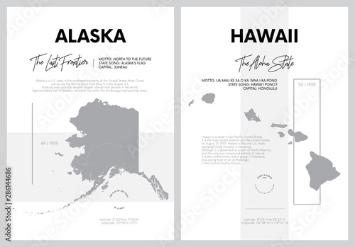 Vector posters with highly detailed silhouettes of maps of the states of America, Division Pacific - Alaska, Hawaii - set 17 of 17
