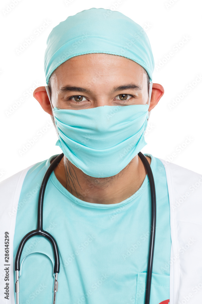 Young doctor portrait format with mouthguard occupation education man job isolated on white Young doctor portrait format with mouthguard occupation education man job isolated on white