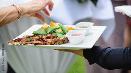 Waiter distributes fingerfood outdoor in the green