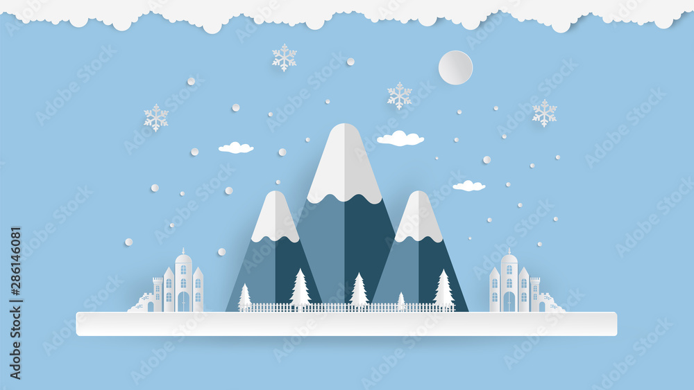 custom made wallpaper toronto digitalMerry Christmas and Happy New Year. Illustration of Mountain on the sky coming to City ,paper art and digital craft style