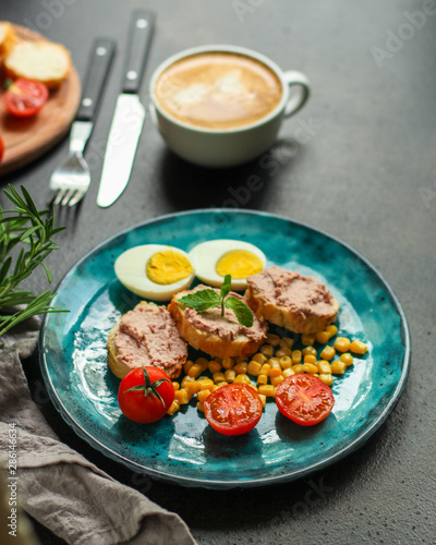 breakfast, egg, pate sandwich, vegetables, coffee (tomato, corn, other ingredients) menu. top food background. copy space
