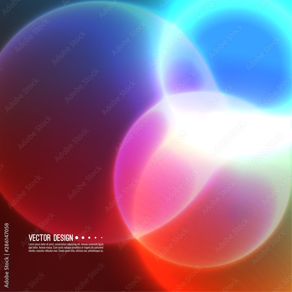 Abstract vector background with colorful overlapping transparent spheres. Multicolored spectral glow.