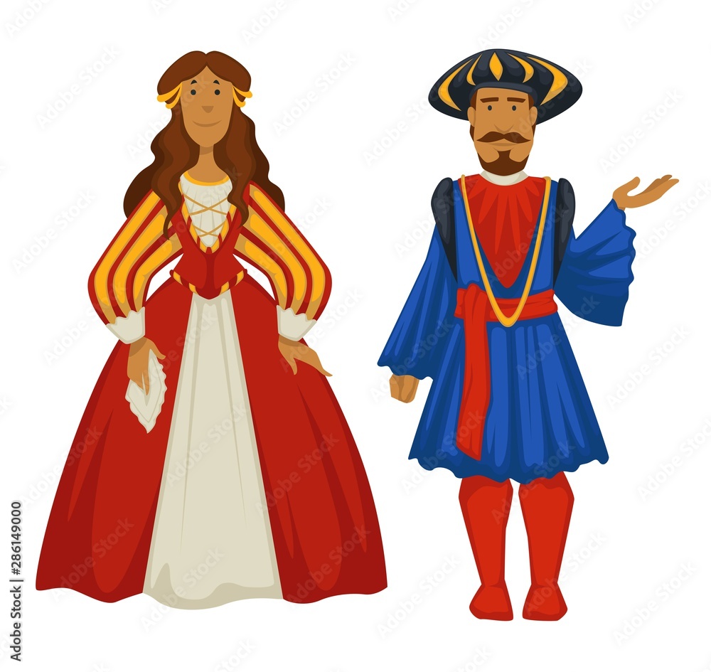 Renaissance style couple, ancient fashion, ball gown and tunic with leggings