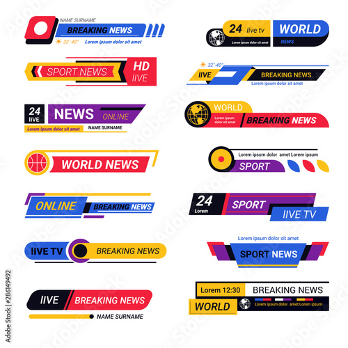 TV live report headers, breaking news titles or bars