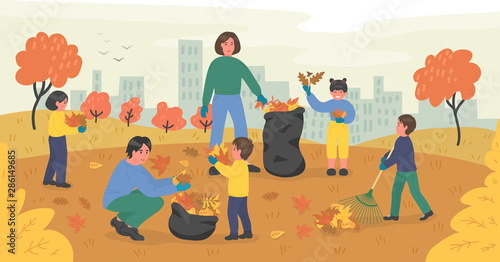 Family of volunteers cleaning up autumn leaves in the city park.