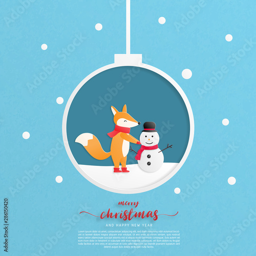 Merry Christmas and Happy new year greeting card. A happy child fox make a snowman in paper cut style. Vector illustration Christmas celebration background. Banner, flyer, poster, wallpaper, template.
