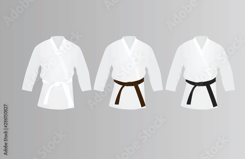 White karate suit. White, brown and black belt. vector illustration