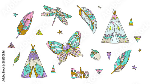 Boho doodles set. Ethnic. Tribal. Bohemian style. Feather. Arrows. Crystal. Macrame. Ornaments. Fashion. Trendy sketches collection.