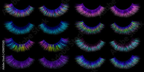 Lashes set. False eyelashes collection. Trendy colors. Blue. Pink. Purple. Mermaid lashes. Extension. Woman. Female. Beauty. Cosmetic. Make up. Mascara. Beauty products design.