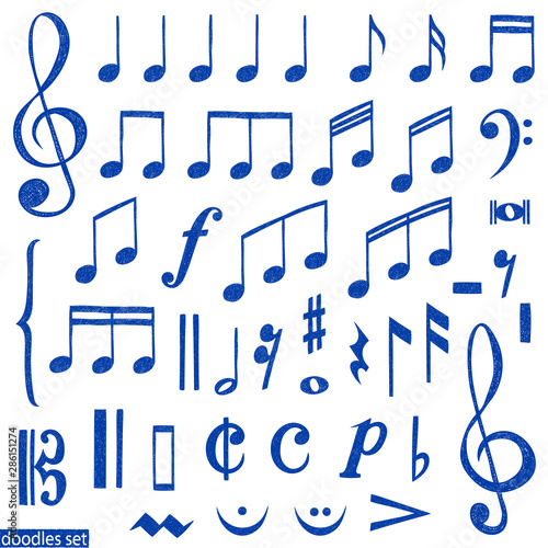 Music notes doodles set.  Treble clef. Hand drawn detailed sketch. G-clef. Scribbles collection. Piano. Organ. Symphony. Melody. Classic music.