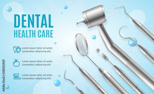 Dental Health Care Concept Banner Horizontal with Realistic Detailed 3d Elements. Vector