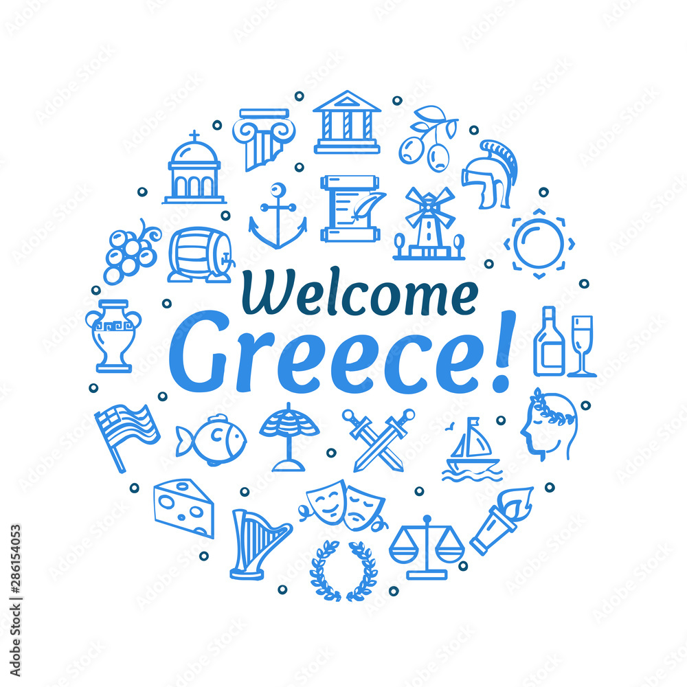 Greece Signs Round Design Template Thin Line Icon Concept. Vector