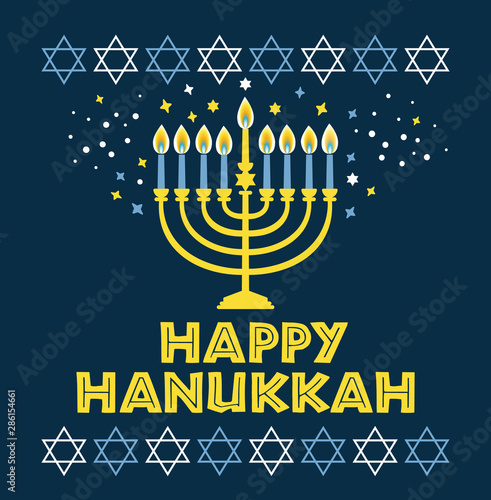 Jewish holiday Hanukkah greeting card traditional Chanukah symbols - menorah candles, star David illustration on blue.
