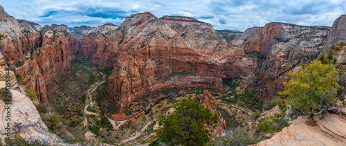 Panoramic view of the incredible views from the Angels Landing Trail up the mountain in Zion National Park, Utah. United States