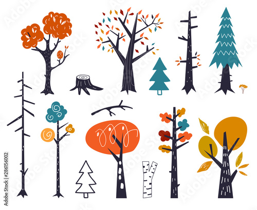 Vector set of children drawings - cute forest and plants. Doodle style. Colorful autumn trees. Woodland flora in Scandinavian decorative style.