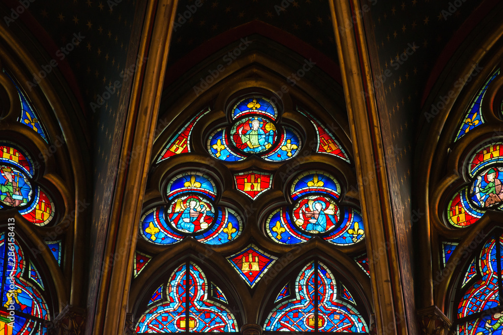  Stained glass window in Poissy collegiate church, Paris, France