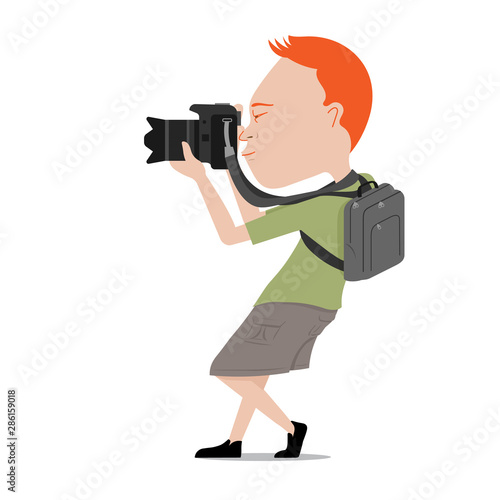 Character cartoon of male photographer carry bag in pose of shooting photo.