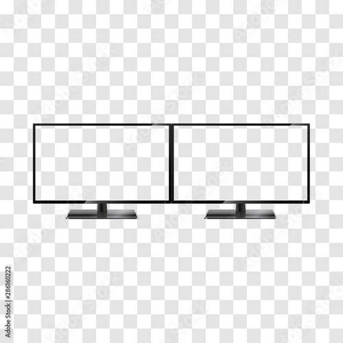 Two desktop monitors isolated on transparent background. Two widescreen monitors template. Full hd aspect ratio 16:9