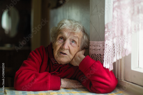 Portrait of a thoughtful elderly woman. Old lady 80+