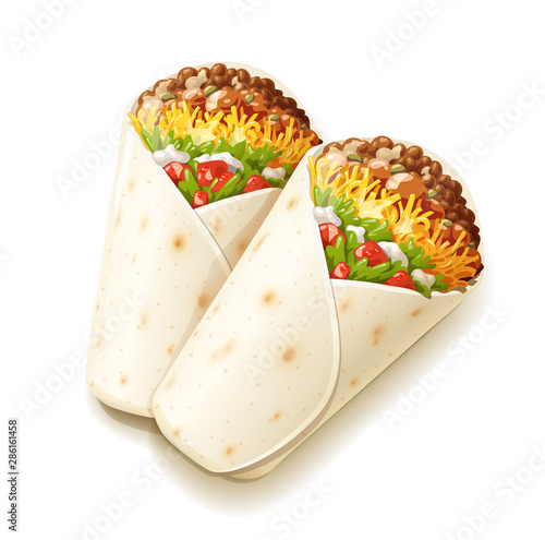 Burrito. Mexican National Traditional Food. Burritos with Cheese, Tomato, Stuffing, Tortilla. Isolated on White Background. Corn wrap, salad leaves, tomatoes, cheese and chicken. Vector illustration.