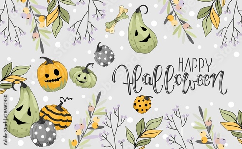 Happy Halloween greeting card with monsters and pumpkins. Handwriting calligraphy. Vector.