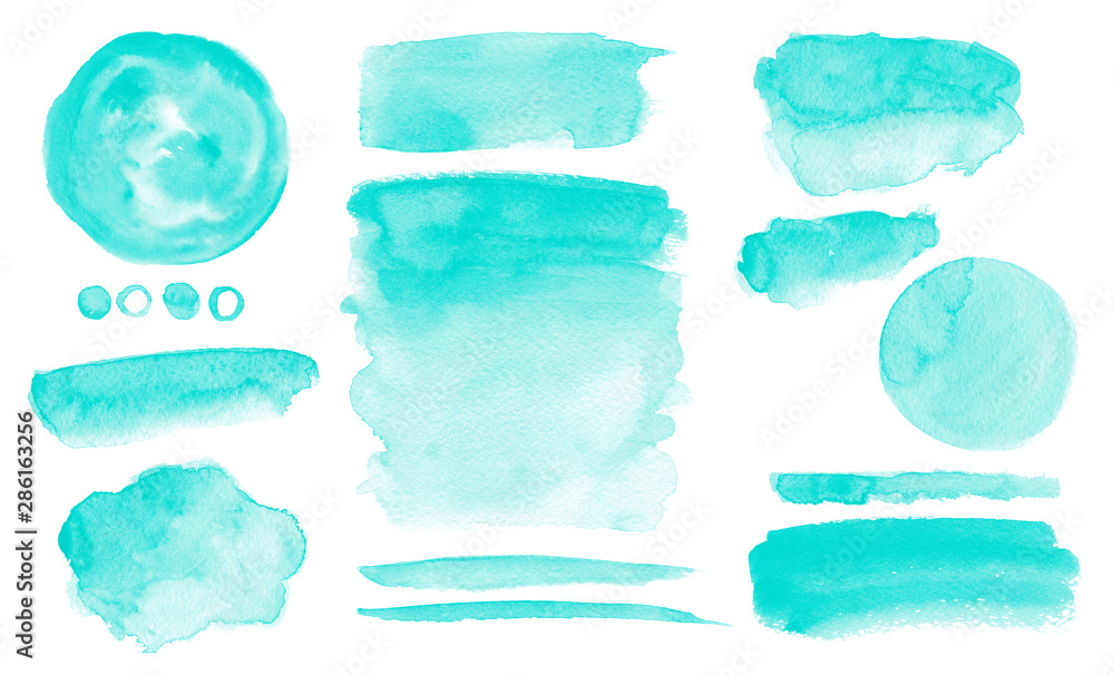 Turquoise watercolor stains Blue washes set Brush paint strokes kit Invitation card design - obrazy, fototapety, plakaty 