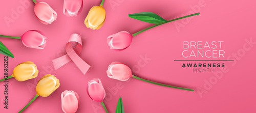 Breast cancer awareness banner pink tulip ribbon