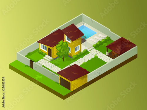 Isometry. House in isometry. House with a plot in isometry. Vector stock illustration.