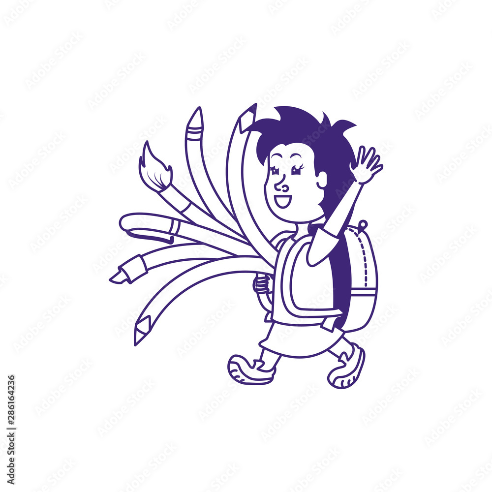 cute little student girl with school bag and set of pencils cute little student girl with school bag and set of pencils