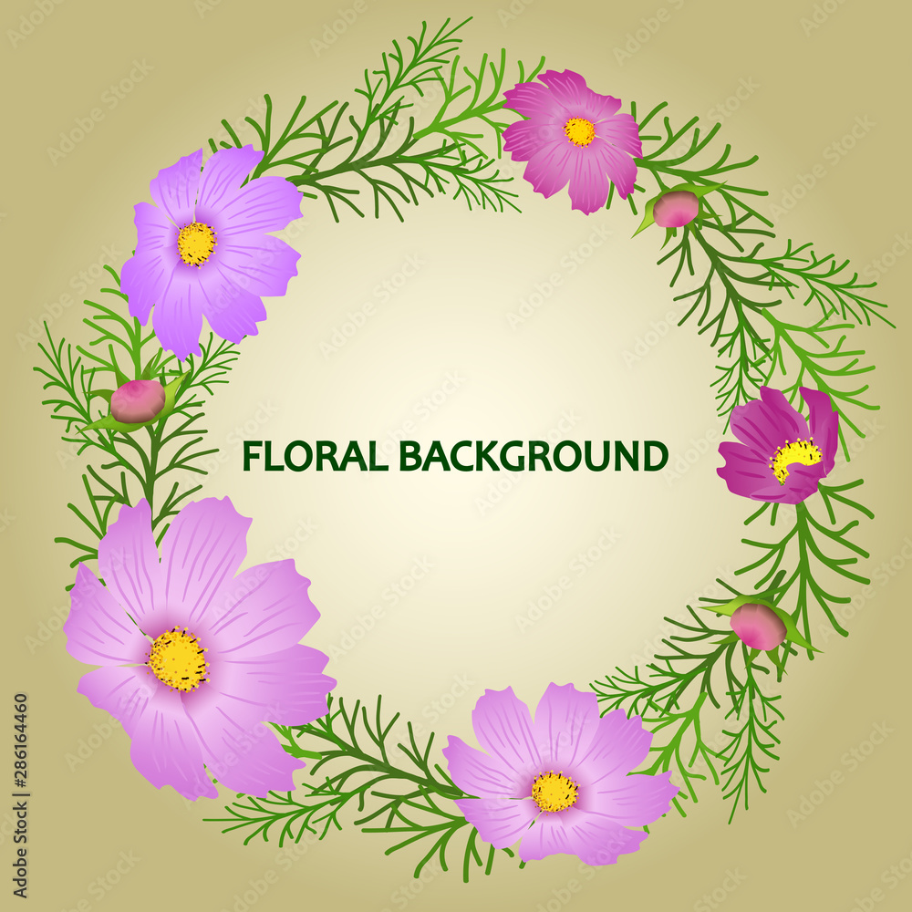A wreath of cosmea flowers of violet-purple and magenta color, green leaves and buds, on a green-beige gradient background.