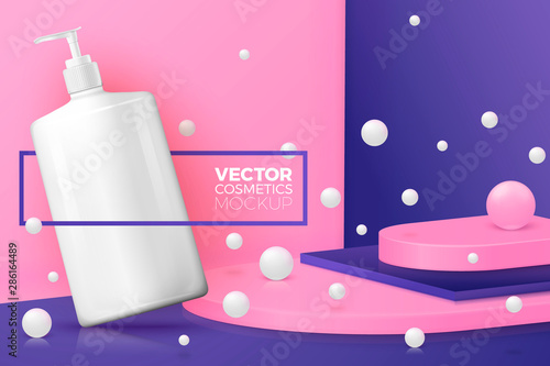 Vector 3d realistic corner wall abstract scene with text and border, podium and pump shampoo bottle, pink and violet balls.